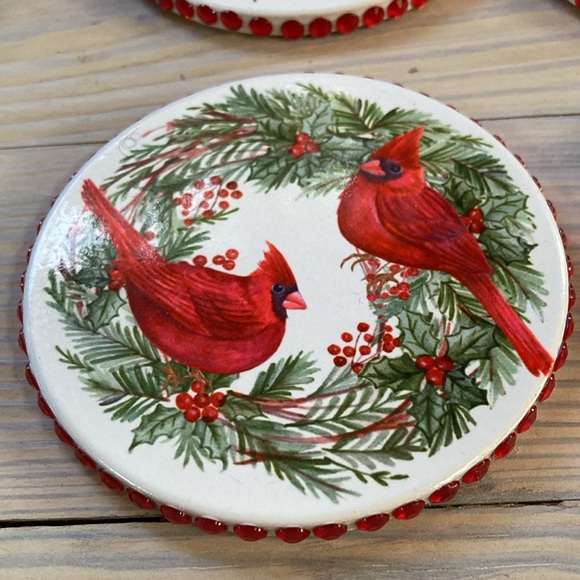 CARDINALS Red Bling Gems Round Coasters Greenery Berries Cork Bottom Set of 4 - Picture 6 of 9